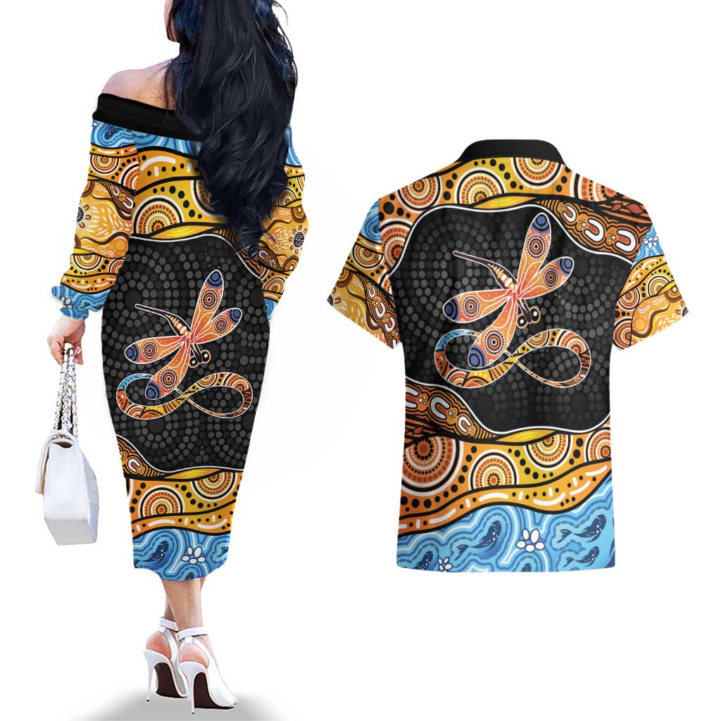 Aboriginal Dragonfly Couples Matching Off The Shoulder Long Sleeve Dress and Hawaiian Shirt As Long As I Breathe You'll Be Remembered