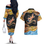 Aboriginal Dragonfly Couples Matching Off The Shoulder Long Sleeve Dress and Hawaiian Shirt As Long As I Breathe You'll Be Remembered