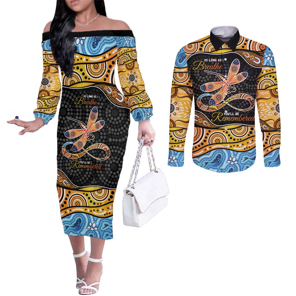 Aboriginal Dragonfly Couples Matching Off The Shoulder Long Sleeve Dress and Long Sleeve Button Shirt As Long As I Breathe You'll Be Remembered