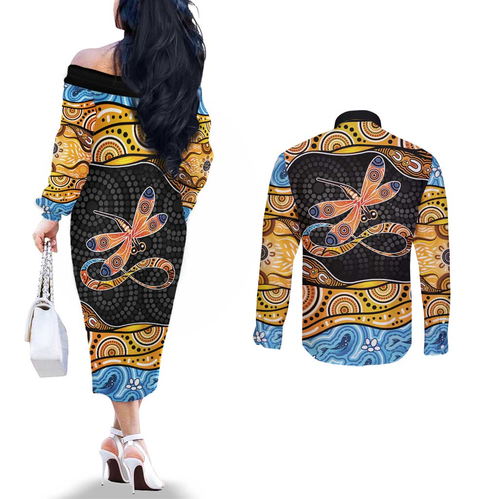 Aboriginal Dragonfly Couples Matching Off The Shoulder Long Sleeve Dress and Long Sleeve Button Shirt As Long As I Breathe You'll Be Remembered