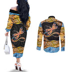 Aboriginal Dragonfly Couples Matching Off The Shoulder Long Sleeve Dress and Long Sleeve Button Shirt As Long As I Breathe You'll Be Remembered