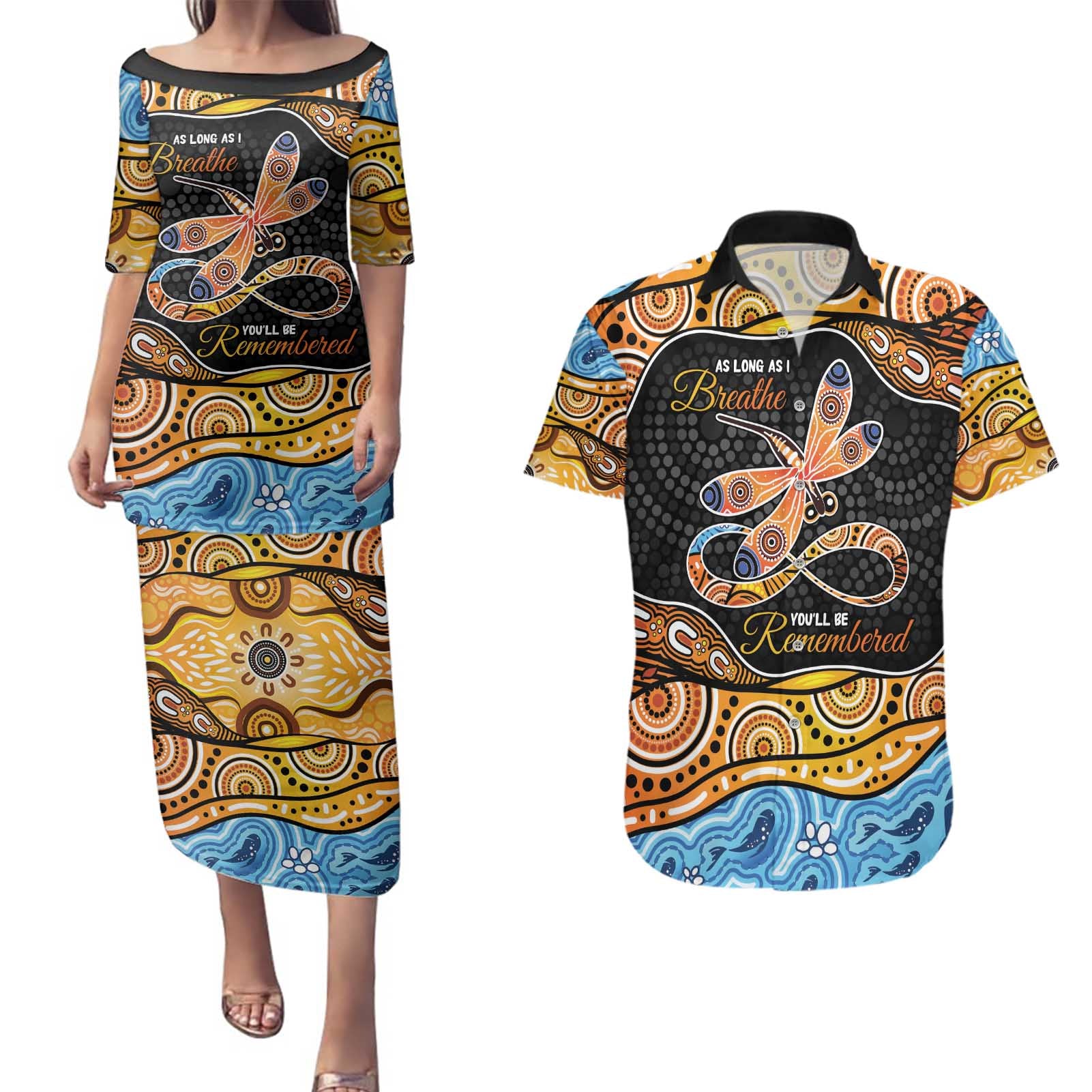 Aboriginal Dragonfly Couples Matching Puletasi and Hawaiian Shirt As Long As I Breathe You'll Be Remembered