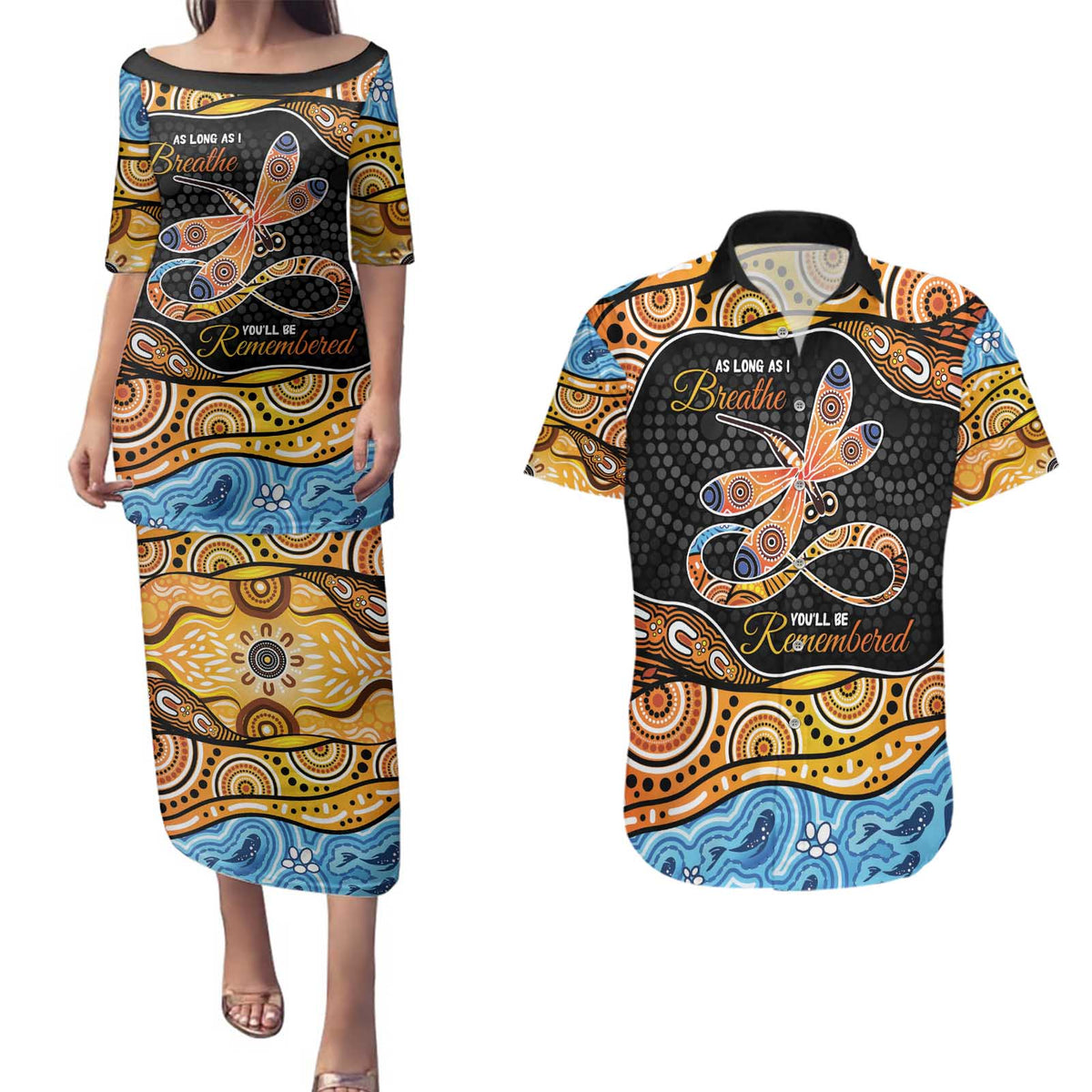 Aboriginal Dragonfly Couples Matching Puletasi and Hawaiian Shirt As Long As I Breathe You'll Be Remembered