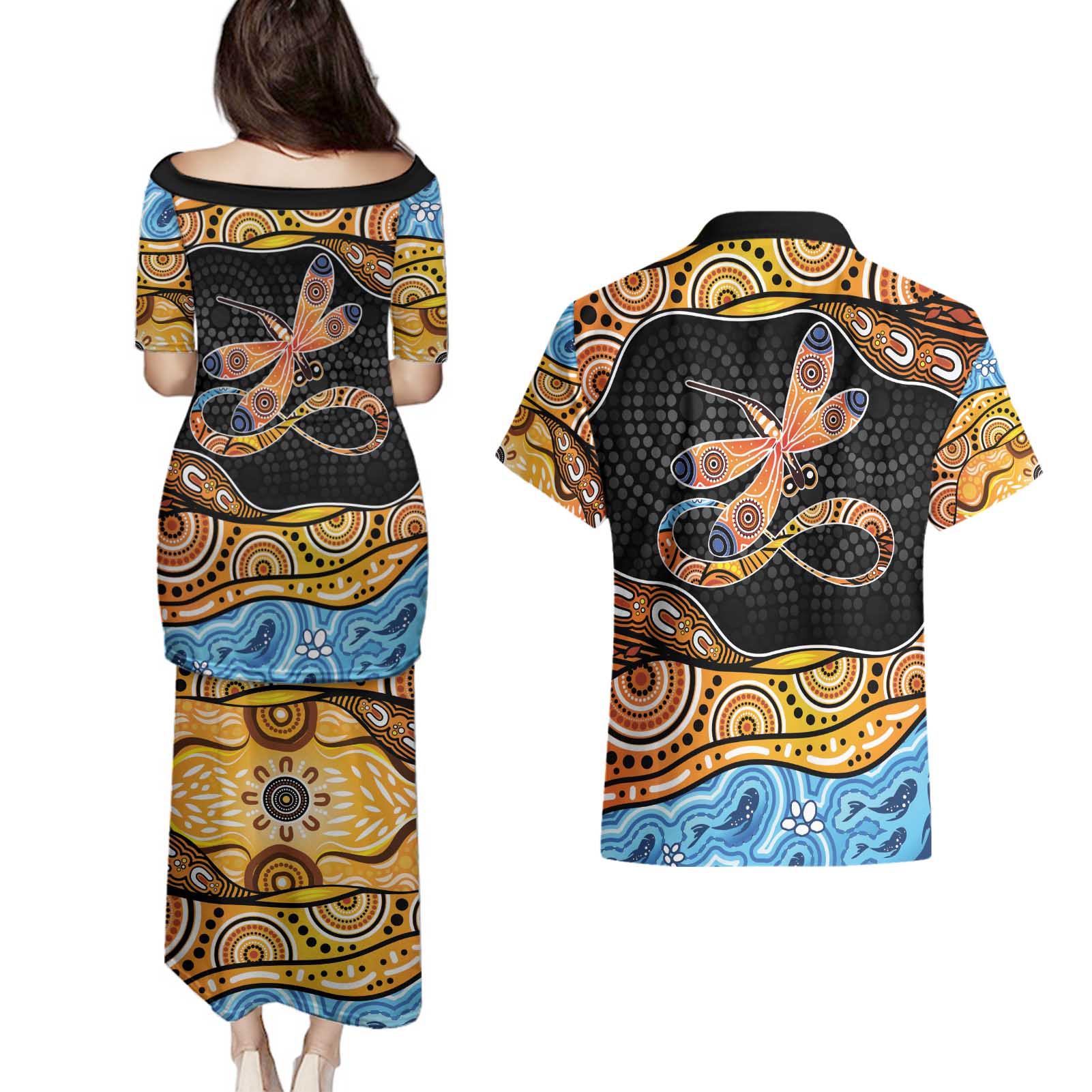 Aboriginal Dragonfly Couples Matching Puletasi and Hawaiian Shirt As Long As I Breathe You'll Be Remembered