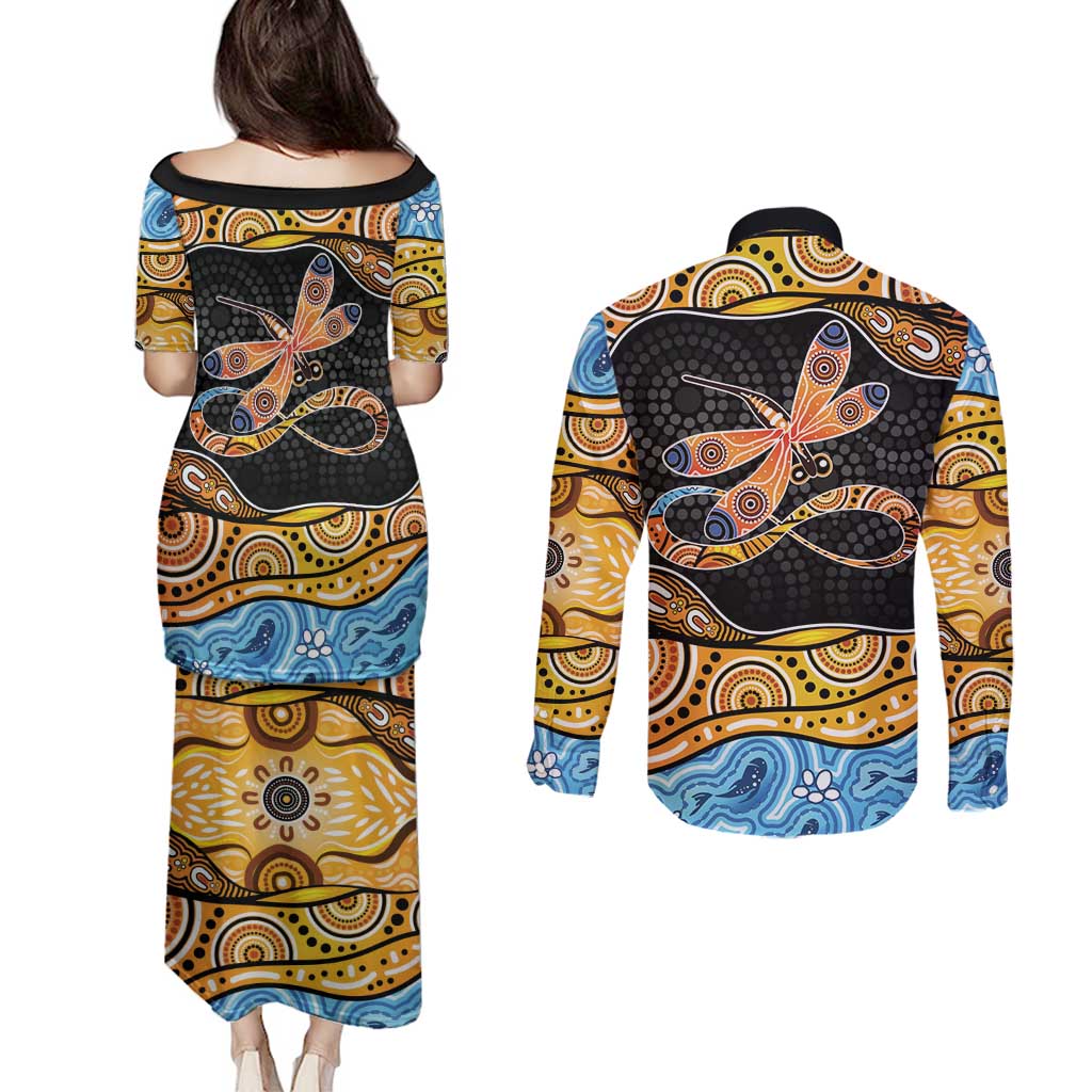 Aboriginal Dragonfly Couples Matching Puletasi and Long Sleeve Button Shirt As Long As I Breathe You'll Be Remembered