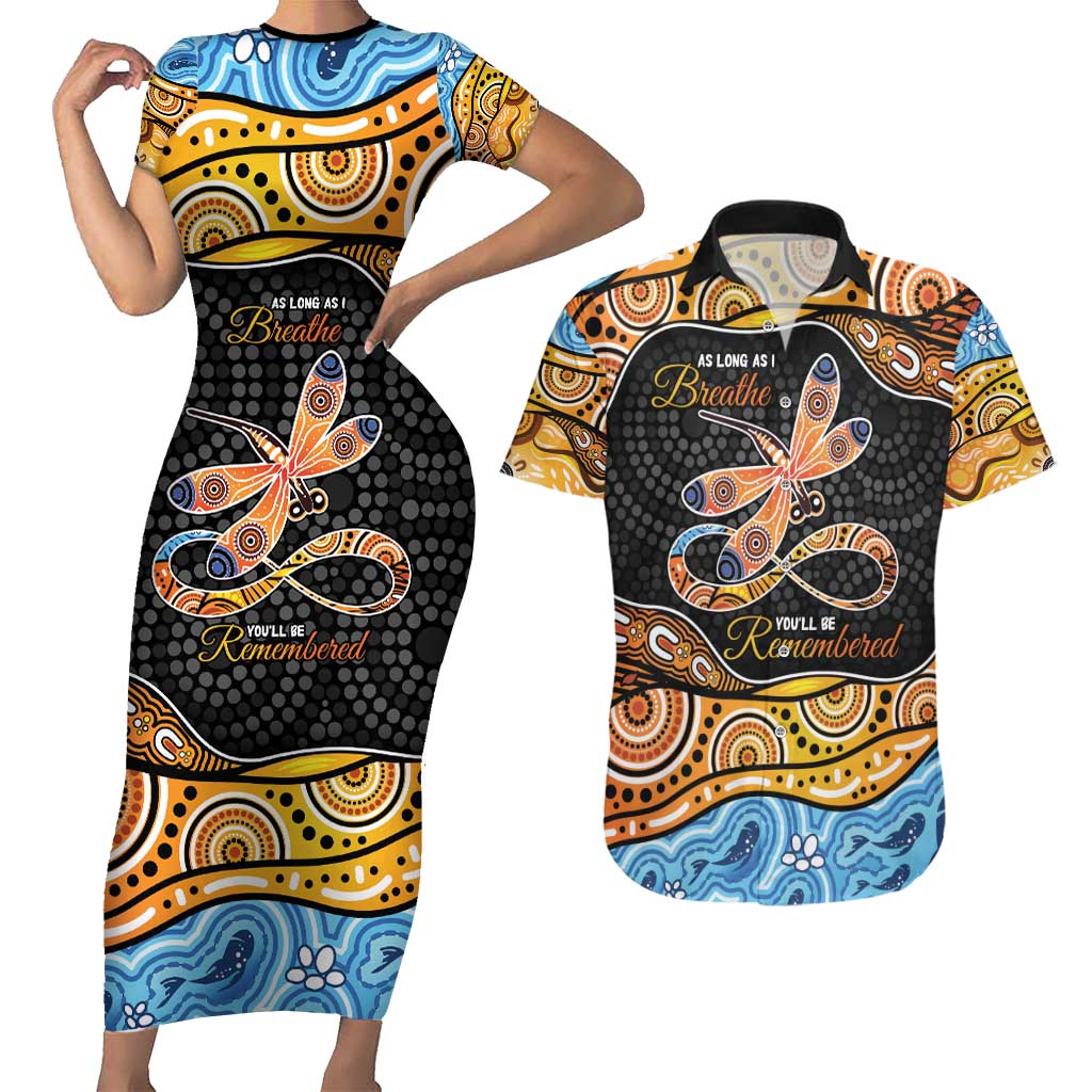 Aboriginal Dragonfly Couples Matching Short Sleeve Bodycon Dress and Hawaiian Shirt As Long As I Breathe You'll Be Remembered