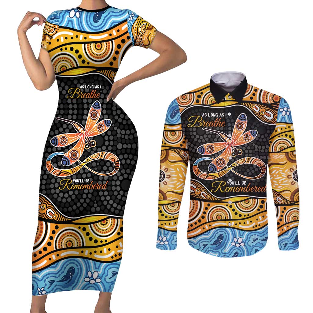 Aboriginal Dragonfly Couples Matching Short Sleeve Bodycon Dress and Long Sleeve Button Shirt As Long As I Breathe You'll Be Remembered