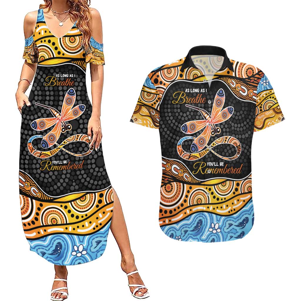 Aboriginal Dragonfly Couples Matching Summer Maxi Dress and Hawaiian Shirt As Long As I Breathe You'll Be Remembered