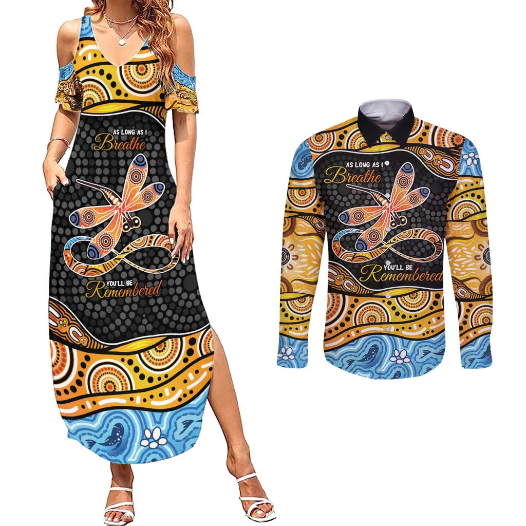 Aboriginal Dragonfly Couples Matching Summer Maxi Dress and Long Sleeve Button Shirt As Long As I Breathe You'll Be Remembered