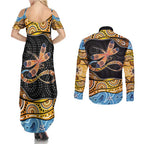 Aboriginal Dragonfly Couples Matching Summer Maxi Dress and Long Sleeve Button Shirt As Long As I Breathe You'll Be Remembered