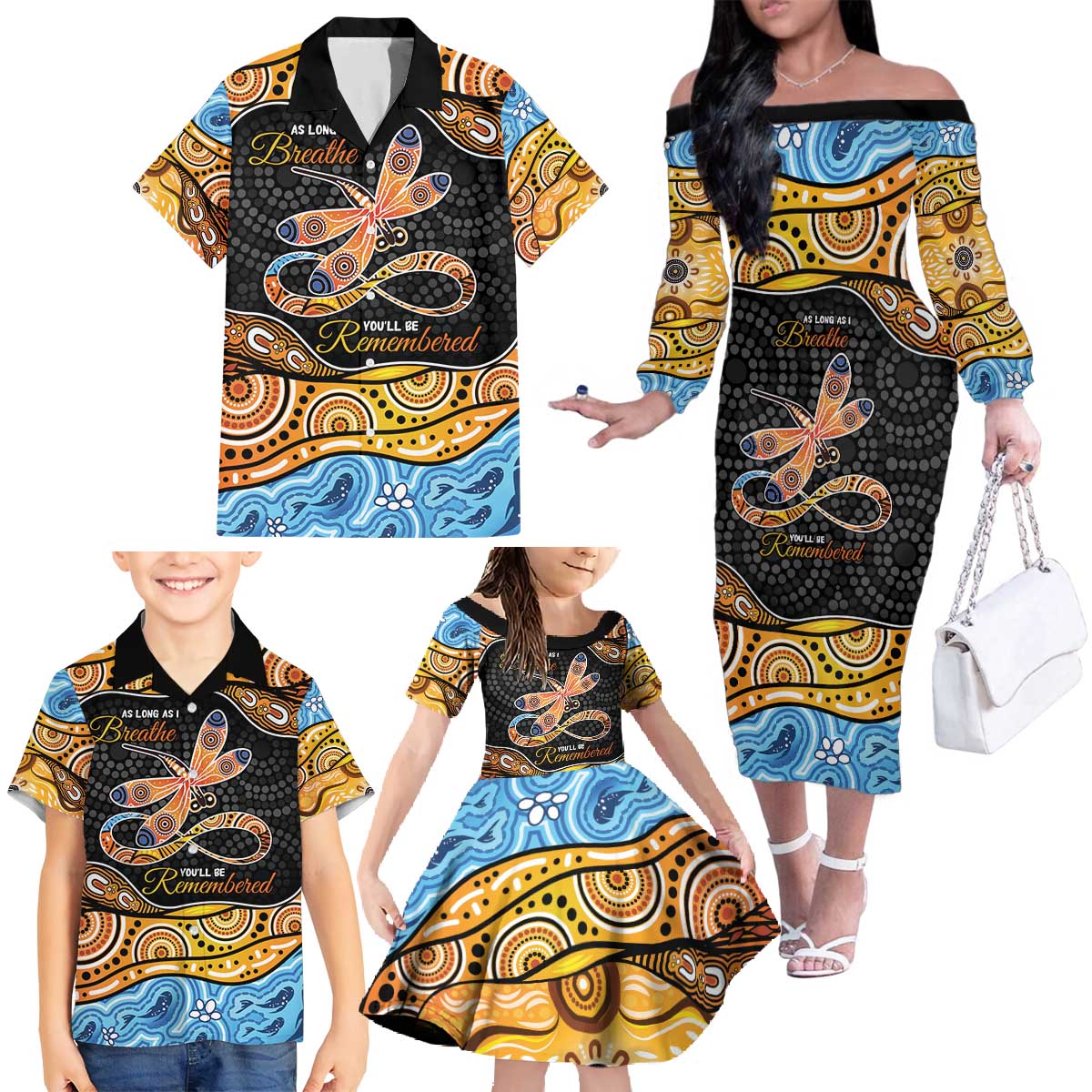 Aboriginal Dragonfly Family Matching Off The Shoulder Long Sleeve Dress and Hawaiian Shirt As Long As I Breathe You'll Be Remembered