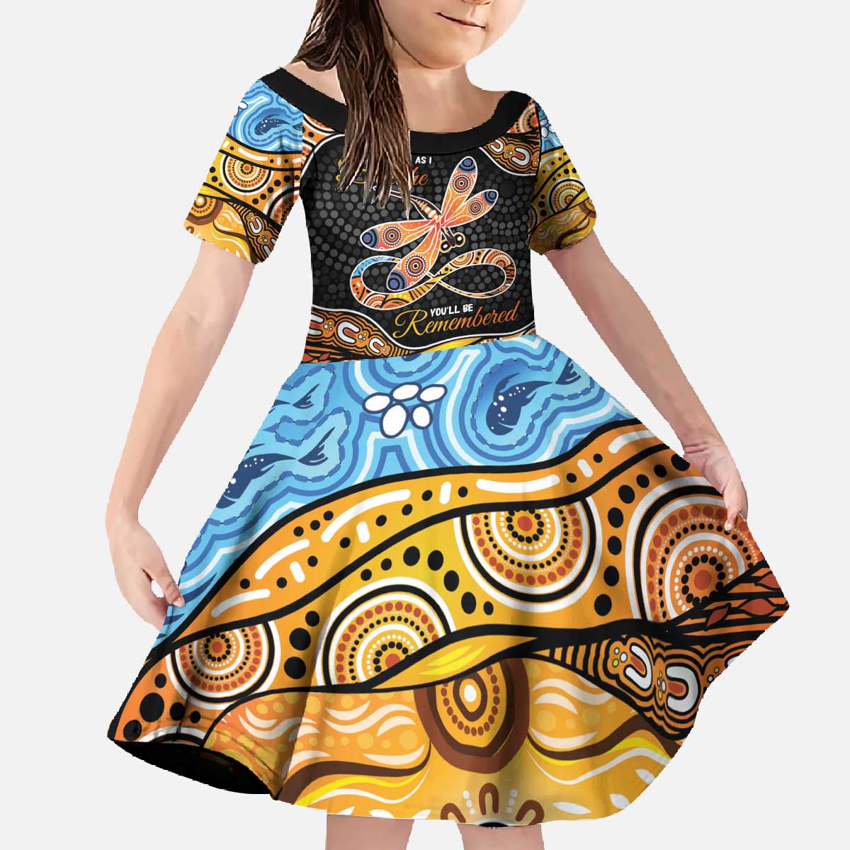 Aboriginal Dragonfly Family Matching Off The Shoulder Long Sleeve Dress and Hawaiian Shirt As Long As I Breathe You'll Be Remembered