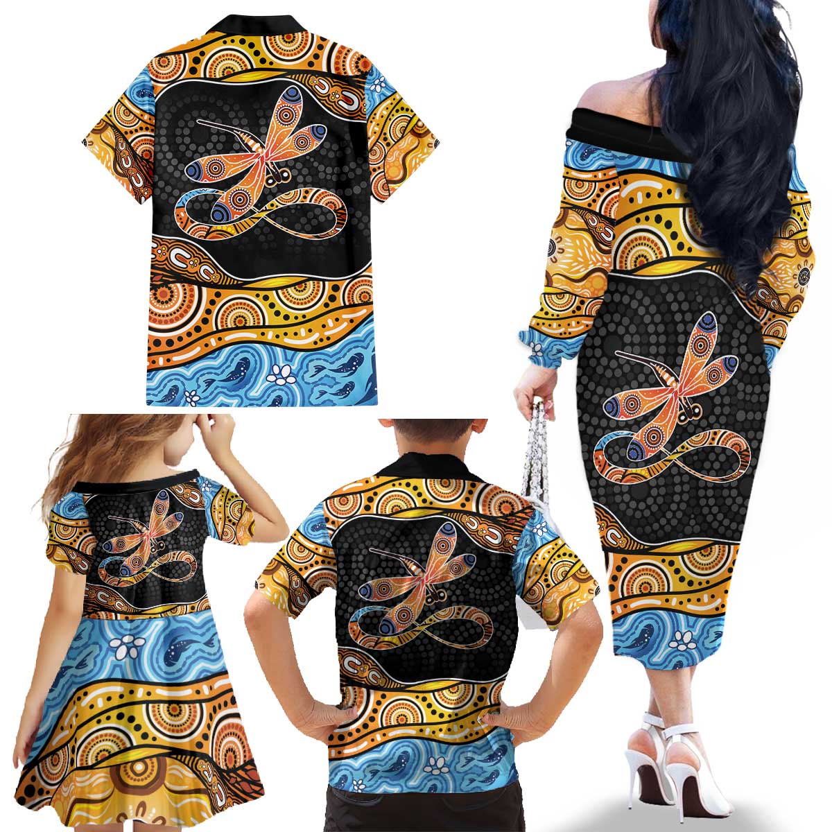 Aboriginal Dragonfly Family Matching Off The Shoulder Long Sleeve Dress and Hawaiian Shirt As Long As I Breathe You'll Be Remembered