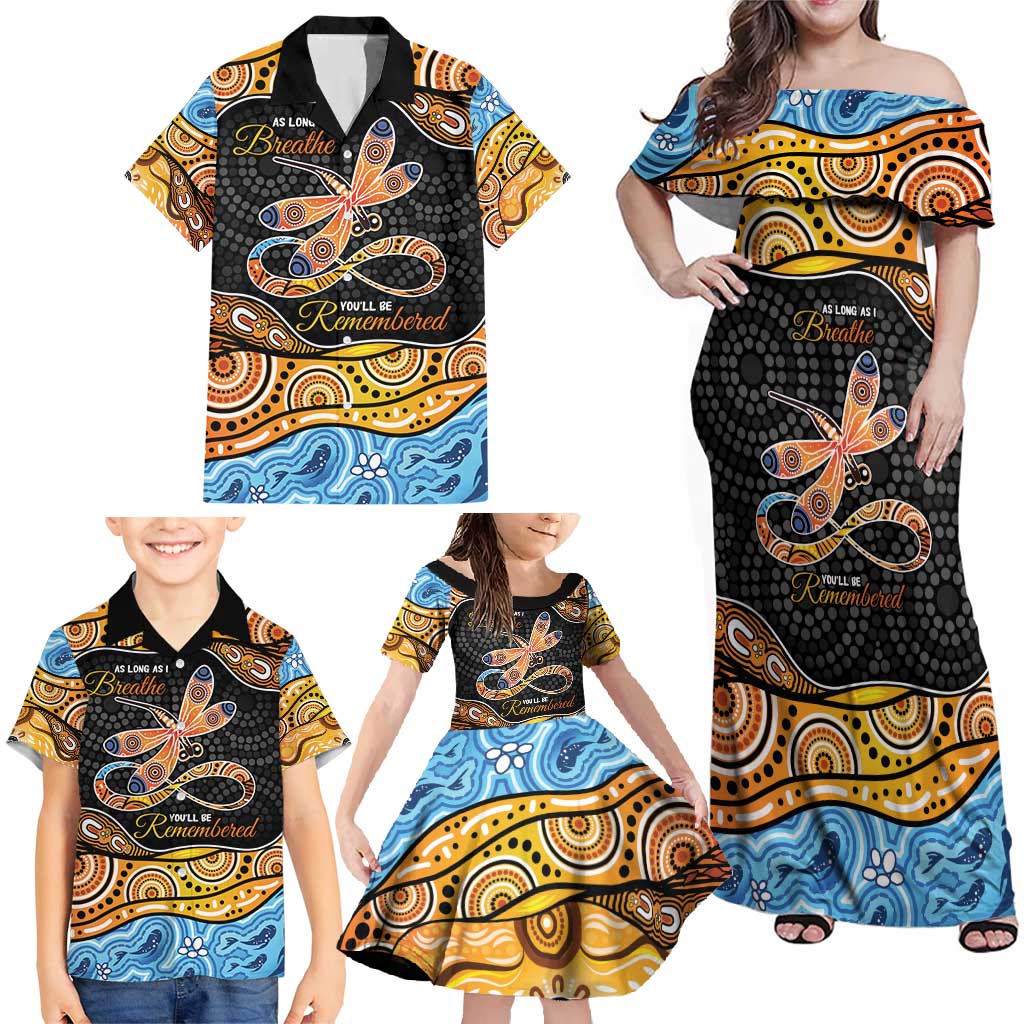 Aboriginal Dragonfly Family Matching Off Shoulder Maxi Dress and Hawaiian Shirt As Long As I Breathe You'll Be Remembered