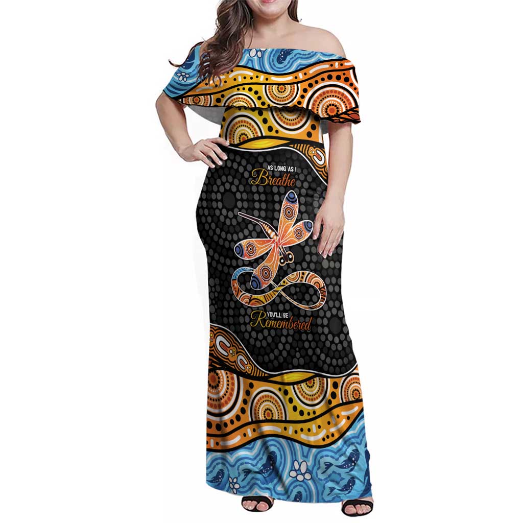 Aboriginal Dragonfly Family Matching Off Shoulder Maxi Dress and Hawaiian Shirt As Long As I Breathe You'll Be Remembered