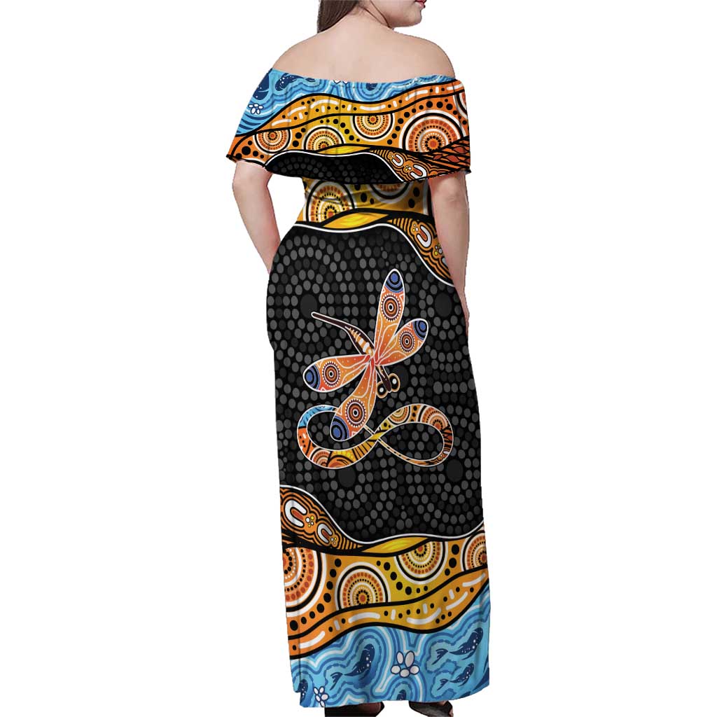 Aboriginal Dragonfly Family Matching Off Shoulder Maxi Dress and Hawaiian Shirt As Long As I Breathe You'll Be Remembered
