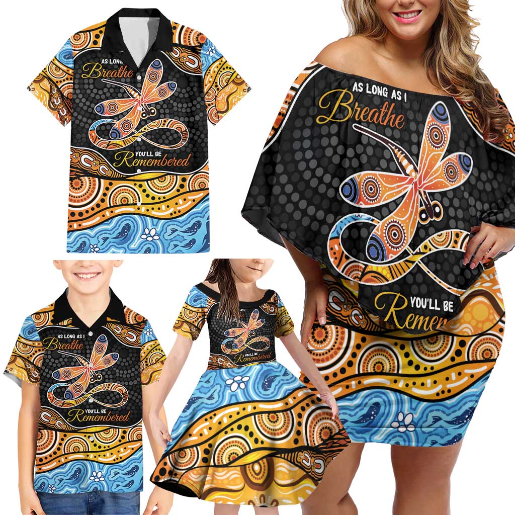 Aboriginal Dragonfly Family Matching Off Shoulder Short Dress and Hawaiian Shirt As Long As I Breathe You'll Be Remembered