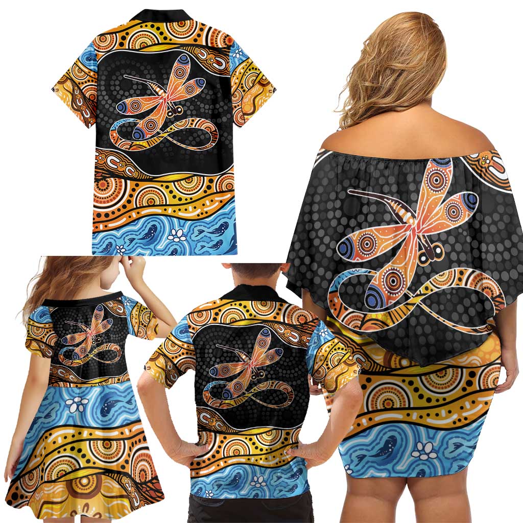 Aboriginal Dragonfly Family Matching Off Shoulder Short Dress and Hawaiian Shirt As Long As I Breathe You'll Be Remembered