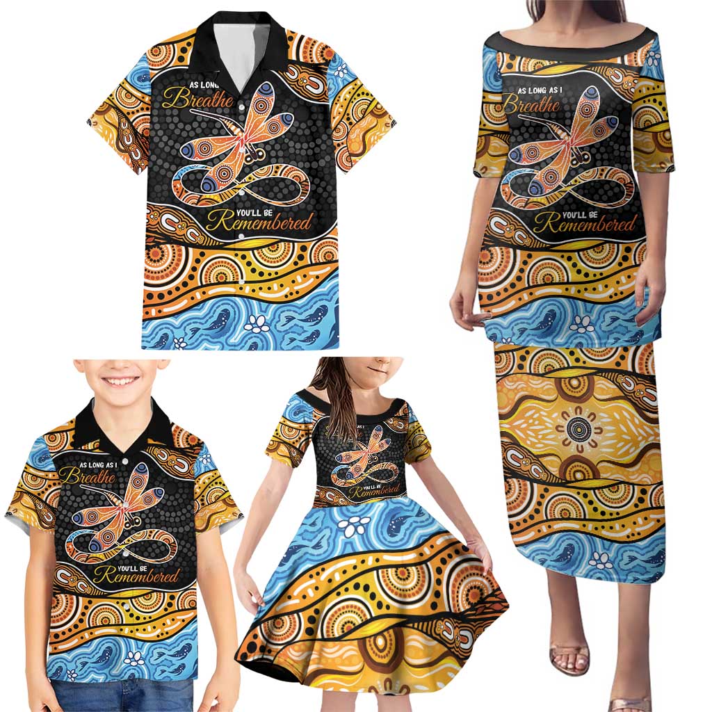 Aboriginal Dragonfly Family Matching Puletasi and Hawaiian Shirt As Long As I Breathe You'll Be Remembered