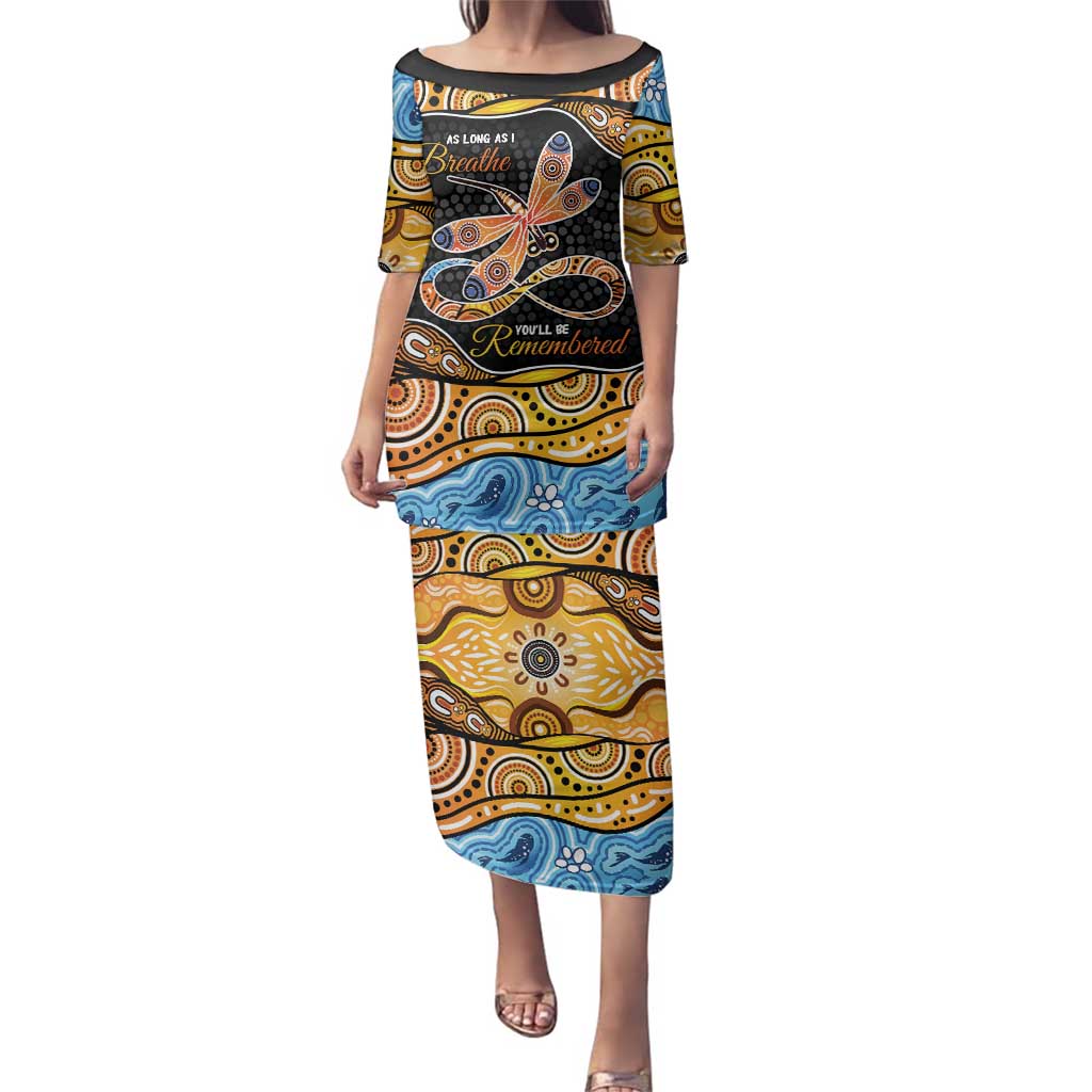 Aboriginal Dragonfly Family Matching Puletasi and Hawaiian Shirt As Long As I Breathe You'll Be Remembered