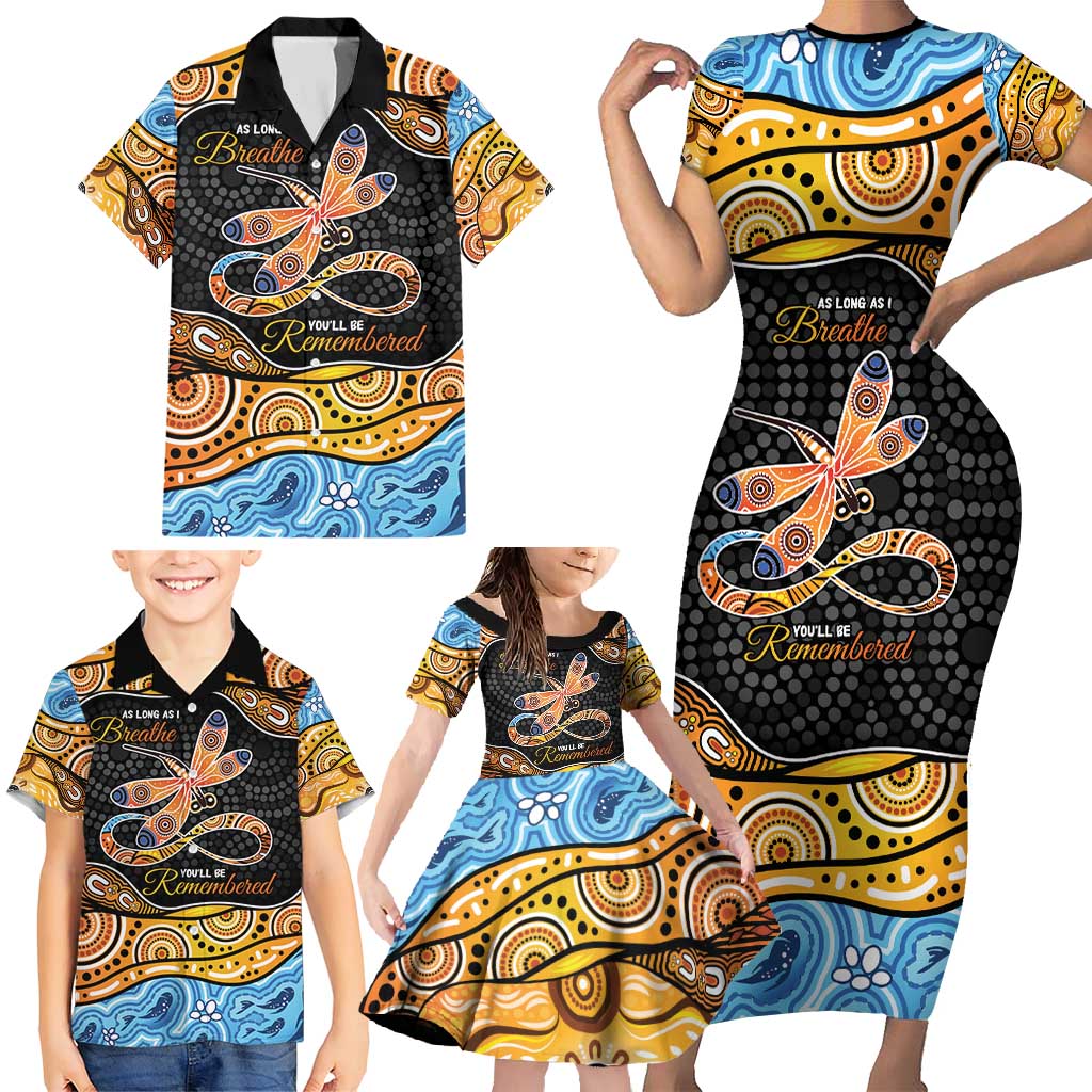Aboriginal Dragonfly Family Matching Short Sleeve Bodycon Dress and Hawaiian Shirt As Long As I Breathe You'll Be Remembered