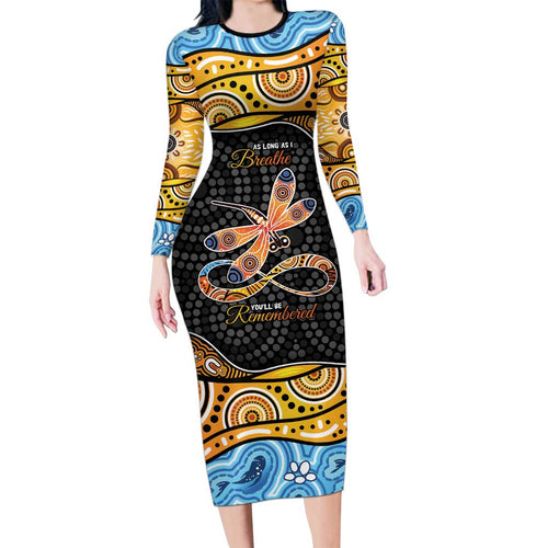 Aboriginal Dragonfly Long Sleeve Bodycon Dress As Long As I Breathe You'll Be Remembered
