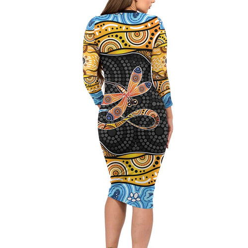 Aboriginal Dragonfly Long Sleeve Bodycon Dress As Long As I Breathe You'll Be Remembered