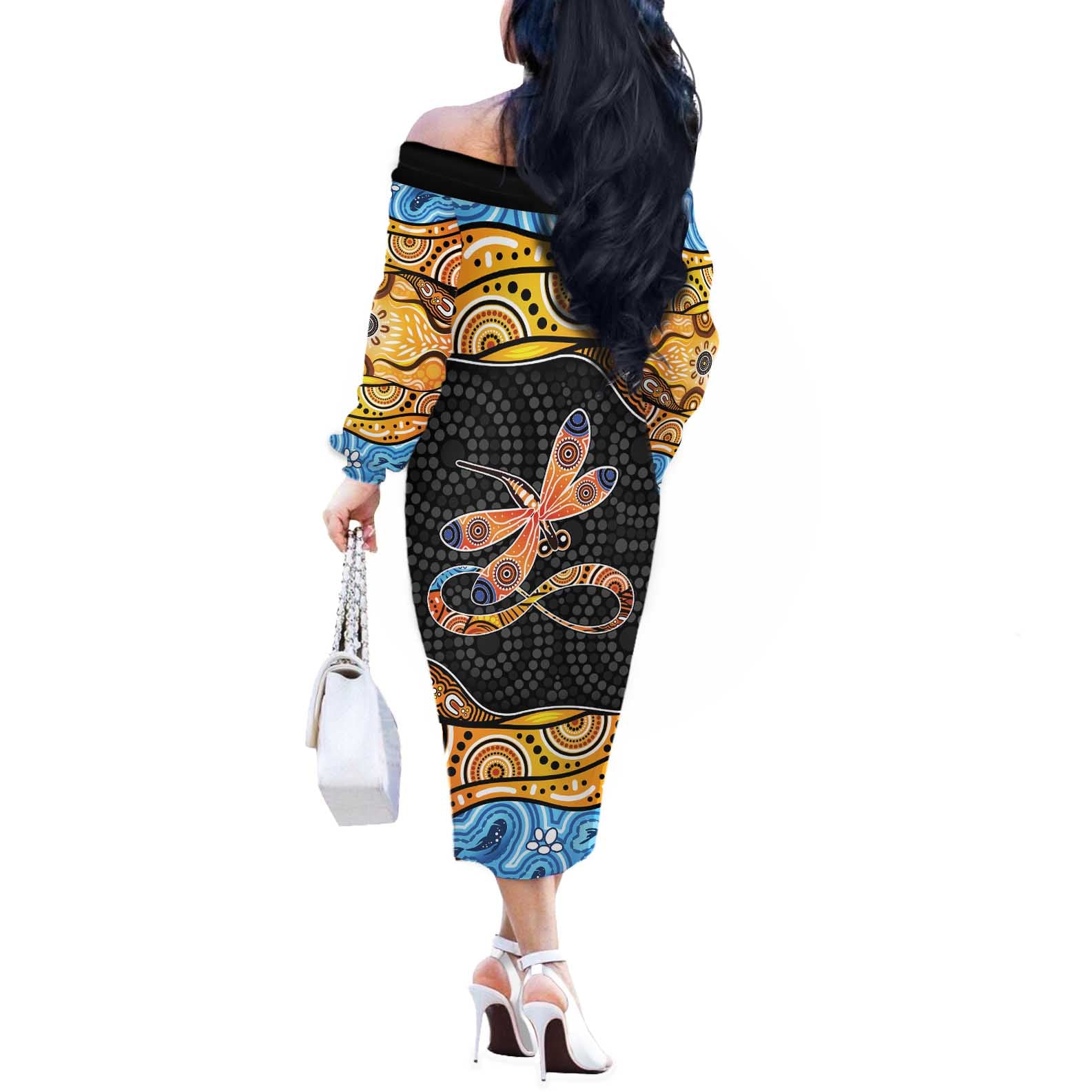 Aboriginal Dragonfly Off The Shoulder Long Sleeve Dress As Long As I Breathe You'll Be Remembered