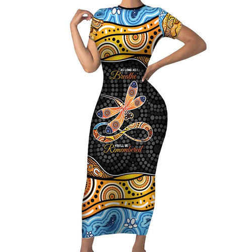 Aboriginal Dragonfly Short Sleeve Bodycon Dress As Long As I Breathe You'll Be Remembered