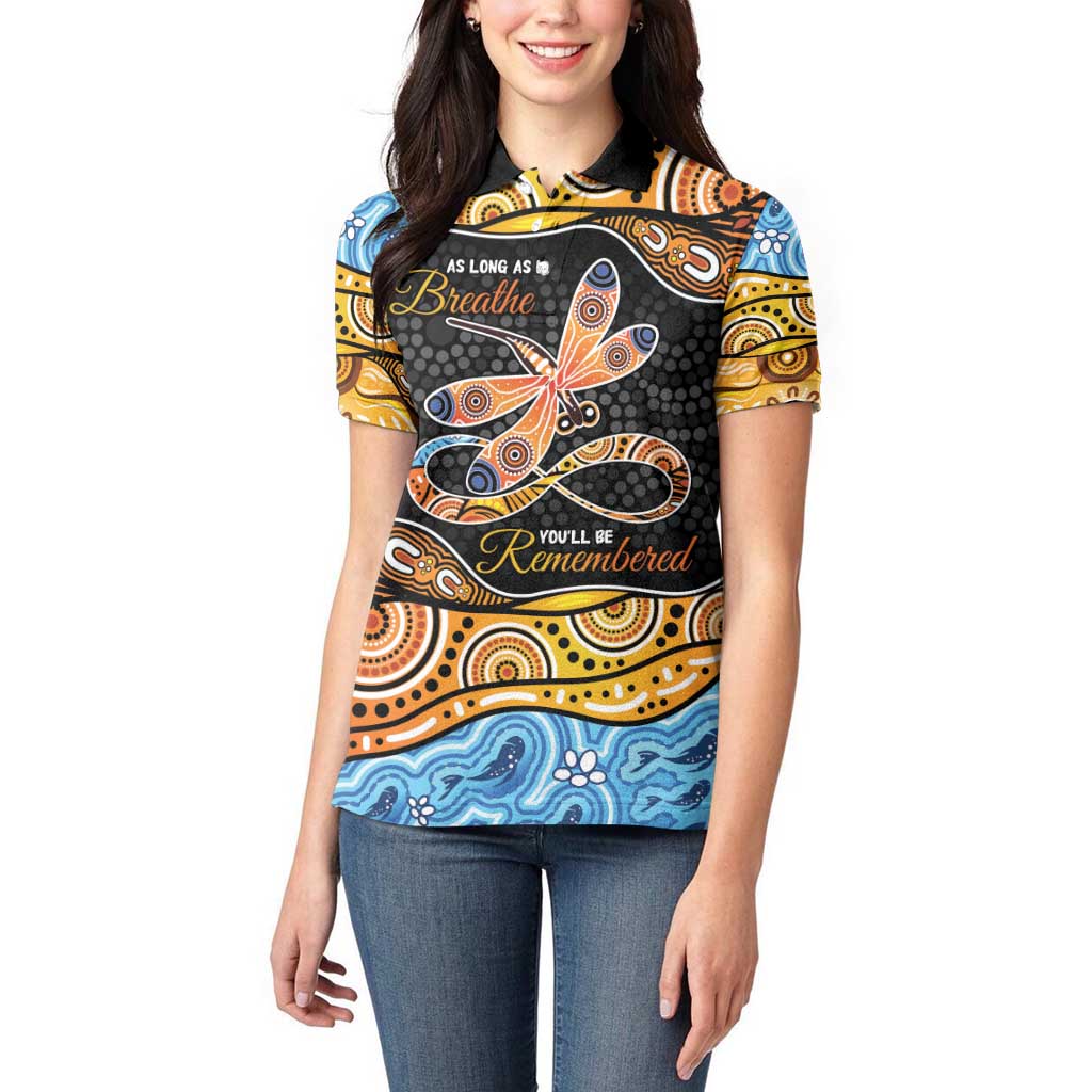 Aboriginal Dragonfly Women Polo Shirt As Long As I Breathe You'll Be Remembered