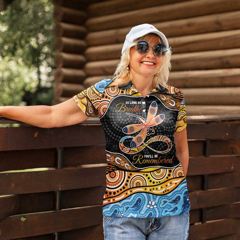 Aboriginal Dragonfly Women Polo Shirt As Long As I Breathe You'll Be Remembered