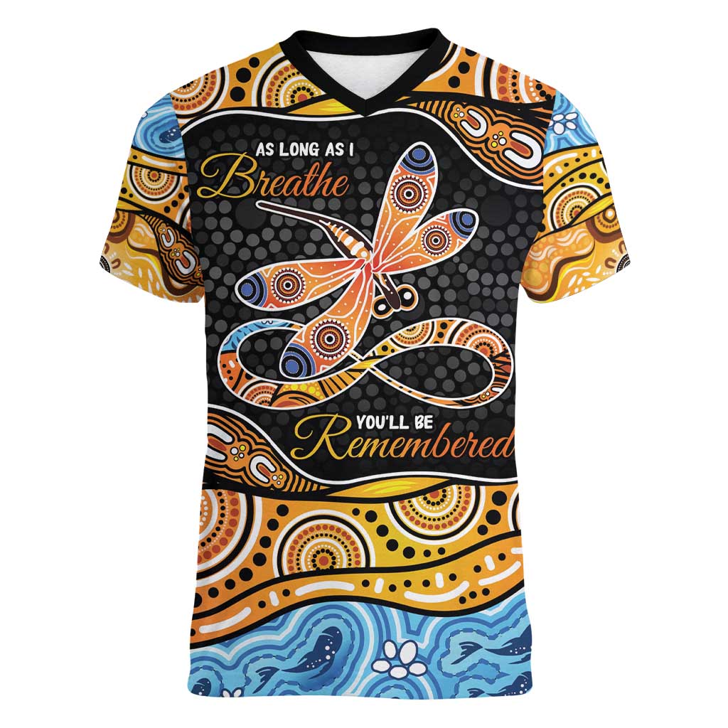 Aboriginal Dragonfly Women V-Neck T-Shirt As Long As I Breathe You'll Be Remembered