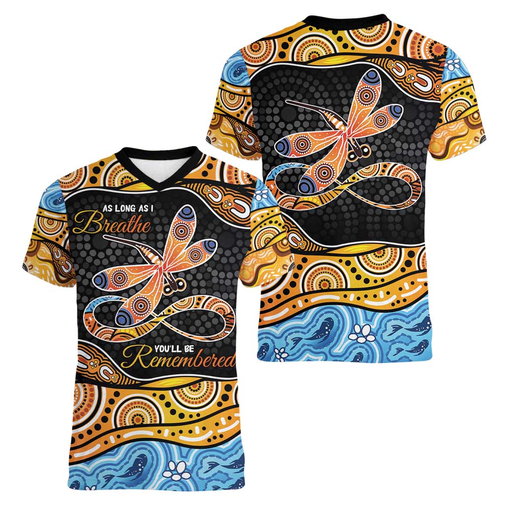 Aboriginal Dragonfly Women V-Neck T-Shirt As Long As I Breathe You'll Be Remembered