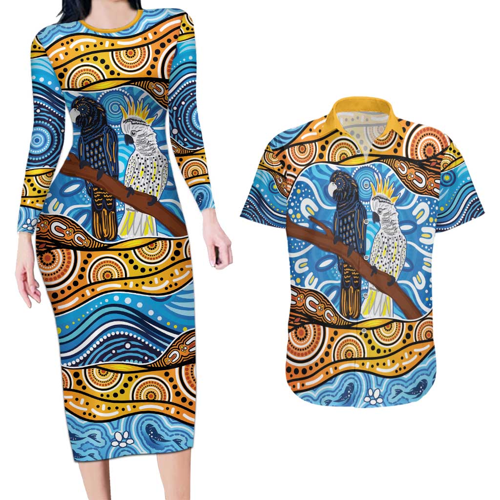 Australia Birds Aboriginal Art Couples Matching Long Sleeve Bodycon Dress and Hawaiian Shirt