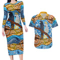 Australia Birds Aboriginal Art Couples Matching Long Sleeve Bodycon Dress and Hawaiian Shirt