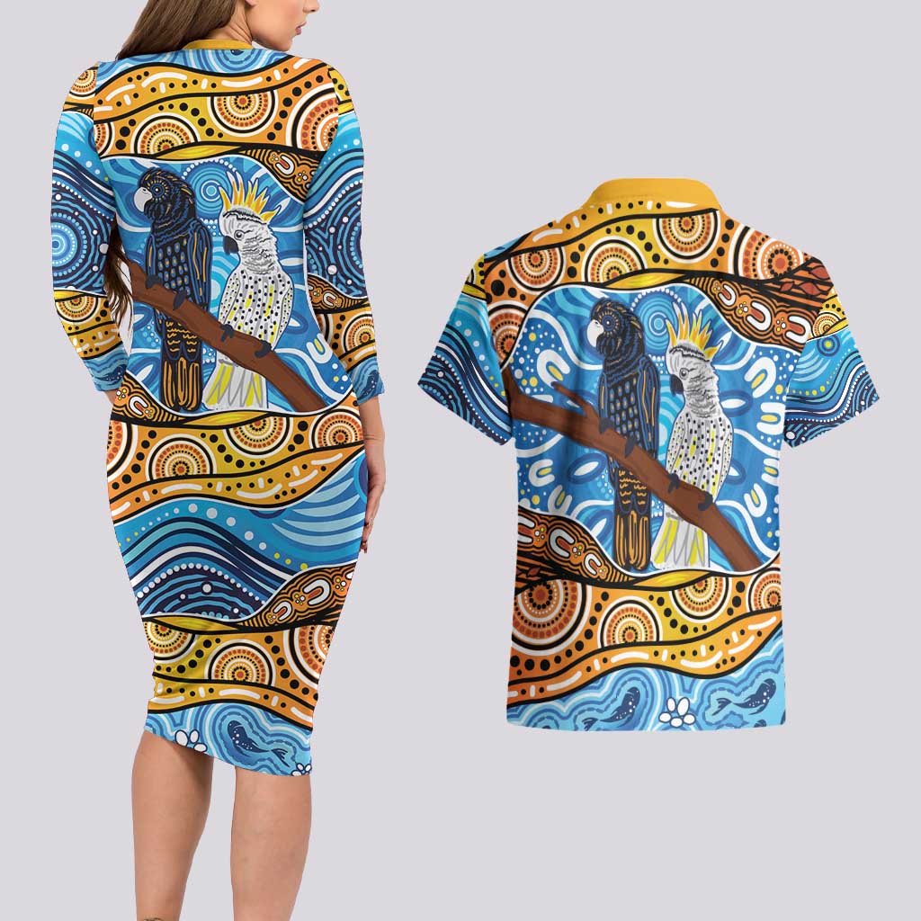 Australia Birds Aboriginal Art Couples Matching Long Sleeve Bodycon Dress and Hawaiian Shirt