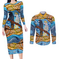Australia Birds Aboriginal Art Couples Matching Long Sleeve Bodycon Dress and Long Sleeve Button Shirt