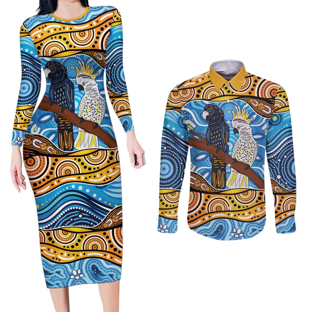 Australia Birds Aboriginal Art Couples Matching Long Sleeve Bodycon Dress and Long Sleeve Button Shirt