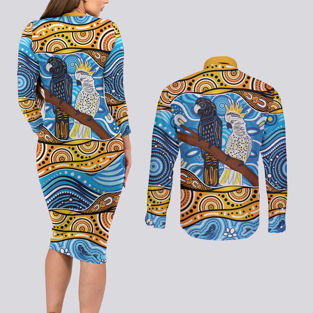 Australia Birds Aboriginal Art Couples Matching Long Sleeve Bodycon Dress and Long Sleeve Button Shirt
