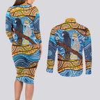 Australia Birds Aboriginal Art Couples Matching Long Sleeve Bodycon Dress and Long Sleeve Button Shirt