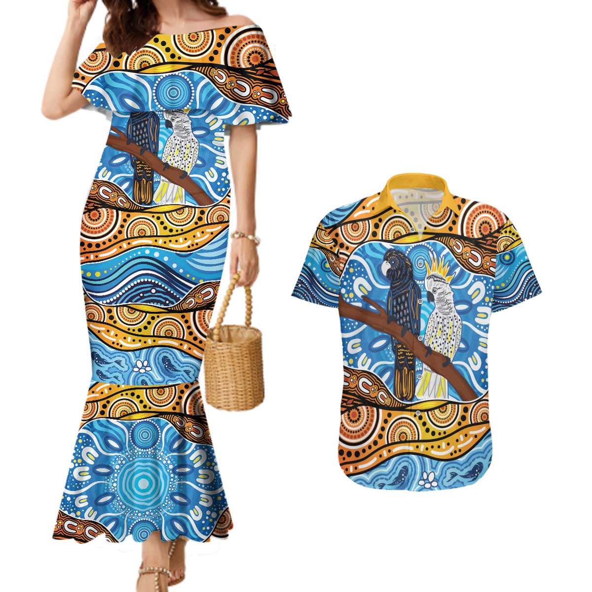 Australia Birds Aboriginal Art Couples Matching Mermaid Dress and Hawaiian Shirt