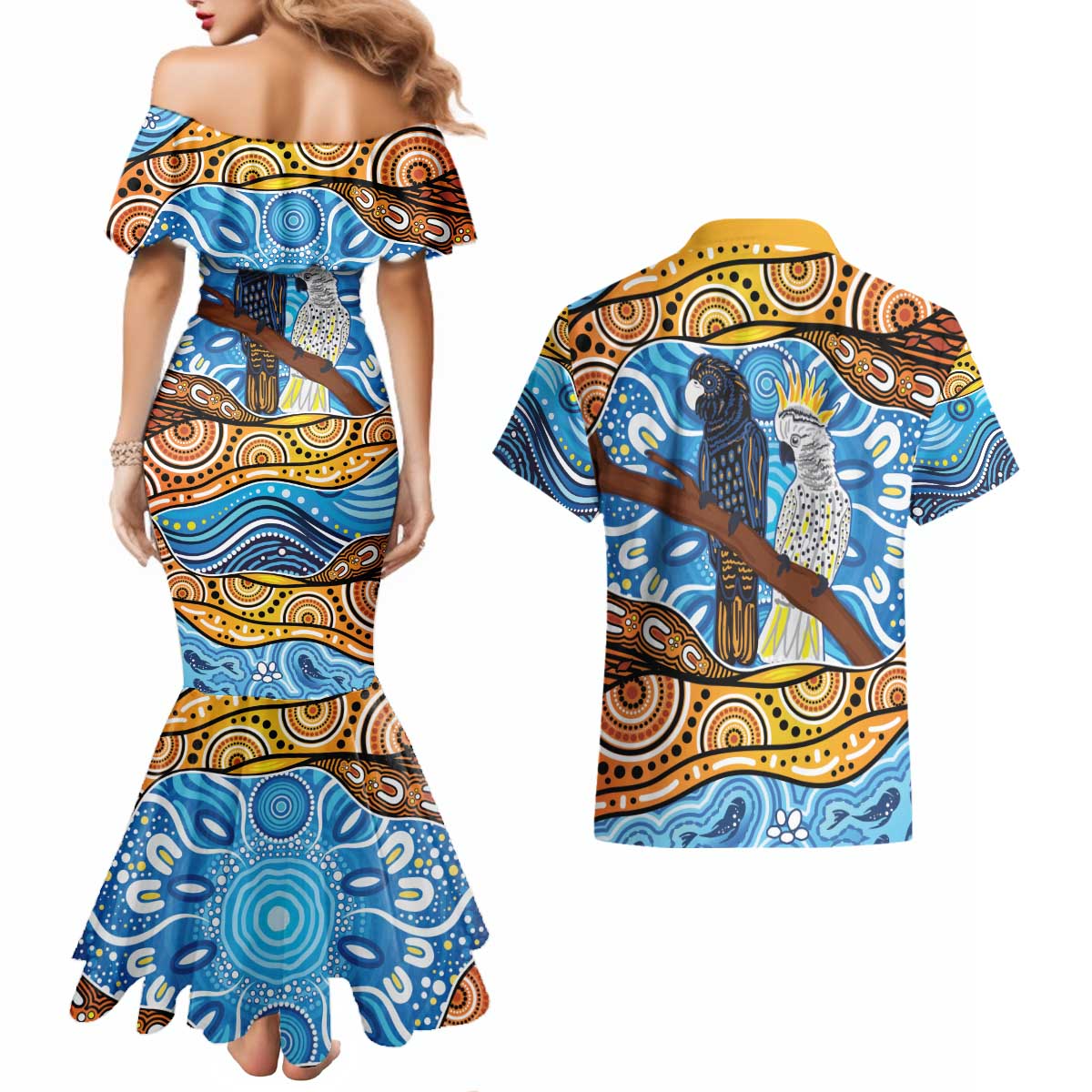 Australia Birds Aboriginal Art Couples Matching Mermaid Dress and Hawaiian Shirt