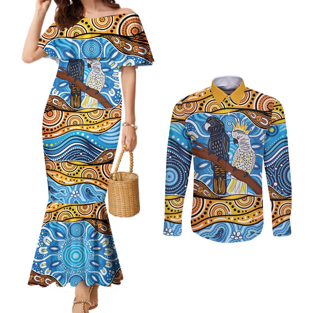 Australia Birds Aboriginal Art Couples Matching Mermaid Dress and Long Sleeve Button Shirt