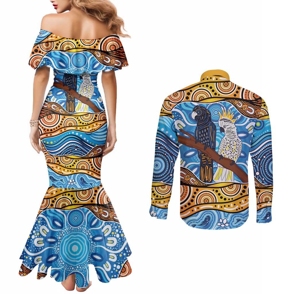 Australia Birds Aboriginal Art Couples Matching Mermaid Dress and Long Sleeve Button Shirt