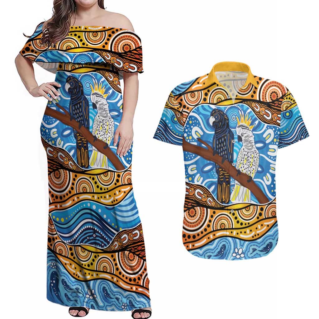 Australia Birds Aboriginal Art Couples Matching Off Shoulder Maxi Dress and Hawaiian Shirt