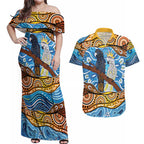 Australia Birds Aboriginal Art Couples Matching Off Shoulder Maxi Dress and Hawaiian Shirt