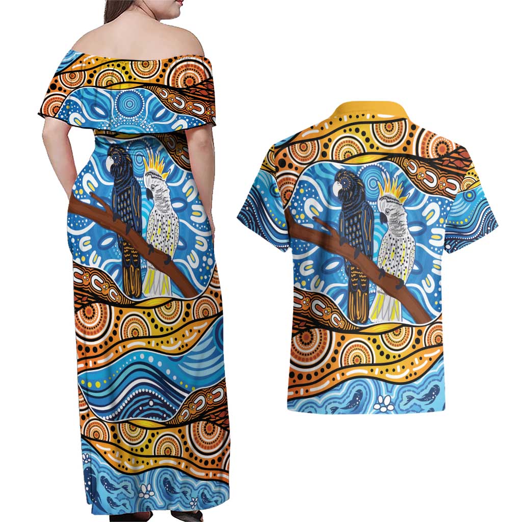 Australia Birds Aboriginal Art Couples Matching Off Shoulder Maxi Dress and Hawaiian Shirt