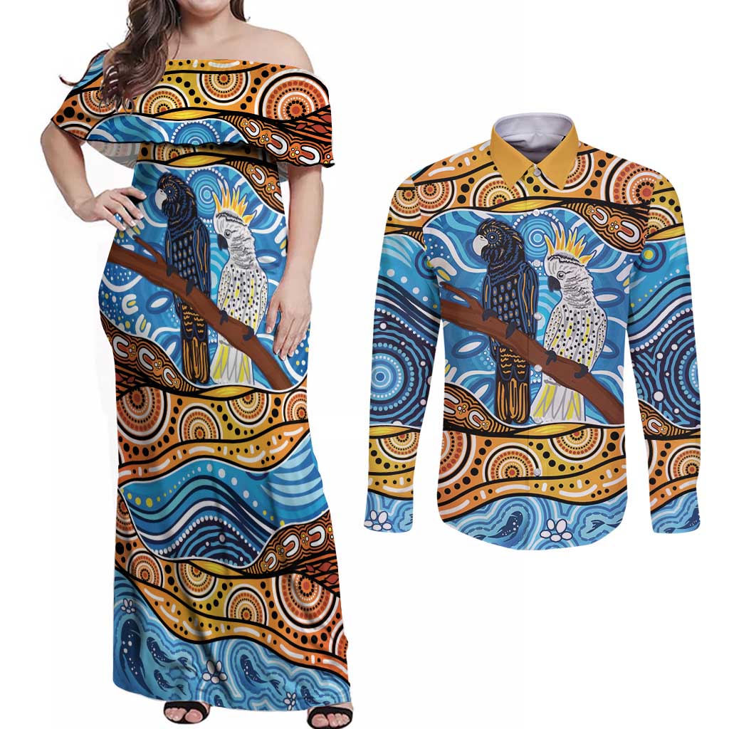Australia Birds Aboriginal Art Couples Matching Off Shoulder Maxi Dress and Long Sleeve Button Shirt