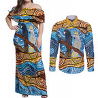 Australia Birds Aboriginal Art Couples Matching Off Shoulder Maxi Dress and Long Sleeve Button Shirt