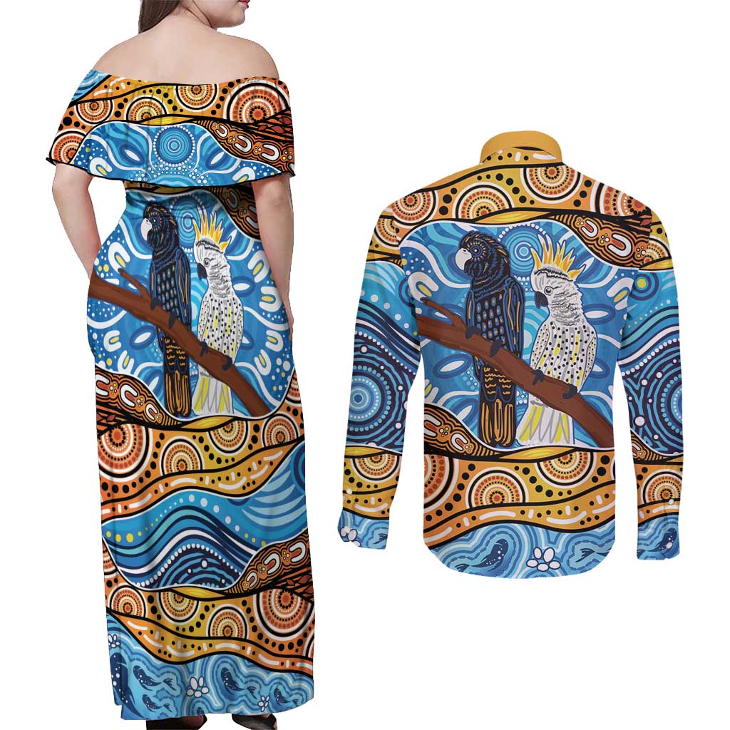 Australia Birds Aboriginal Art Couples Matching Off Shoulder Maxi Dress and Long Sleeve Button Shirt
